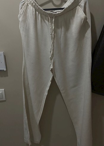Beyaz Rahat Kesim Keten Kadın Pantolon - Görsel 7