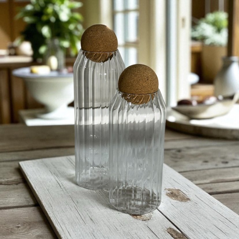 Bej Mantarlı Şeffaf Cam Şişe Seti - Görsel 2