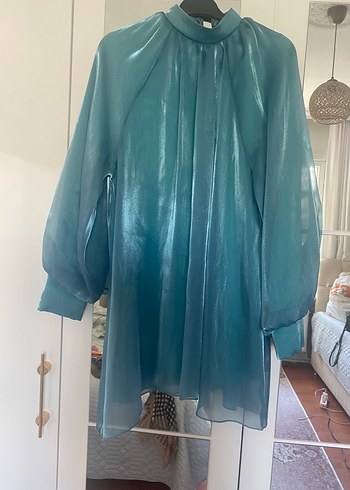 Uzun Kollu Mavi Saten Midi Tunik 38-40 beden