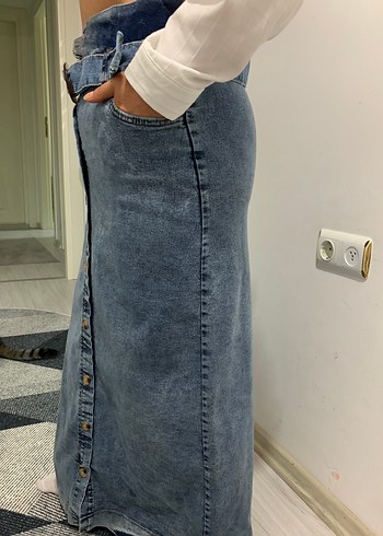 40 Beden mavi Renk Düğmeli Mavi Denim Midi Etek