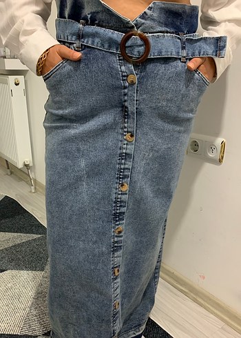 Düğmeli Mavi Denim Midi Etek