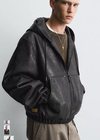 Siyah Deri Kapüşonlu Erkek Ceket - Görsel 4