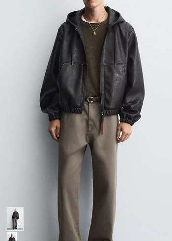 Siyah Deri Kapüşonlu Erkek Ceket - Görsel 7