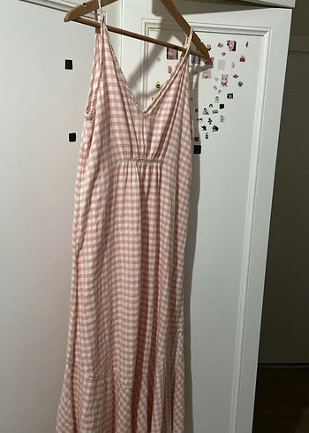 Mango Pembe Ekose Desenli Uzun Keten Elbise