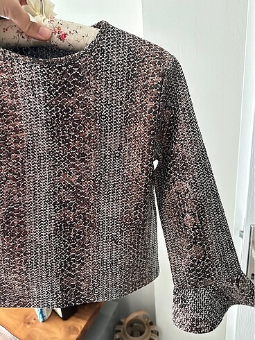 m Beden kahverengi Renk Zara desenli şık parlak bluz
