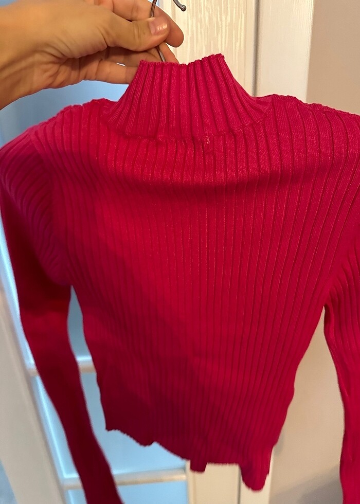 Fuşya pembe boğazlı yaka body kazak - Görsel 5