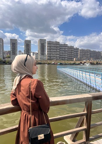38 Beden Kemerli Uzun Kollu Camel Renkli Elbise