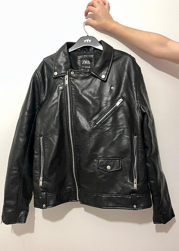 Erkek Parlak Siyah Deri Biker Ceket