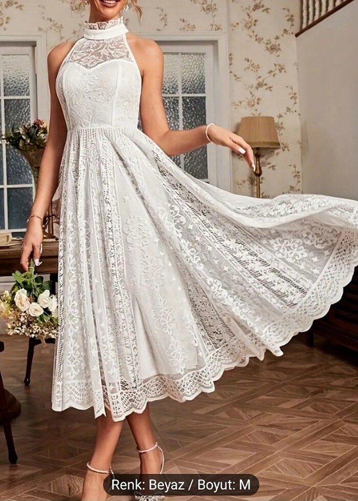 Dantel detaylı yüksek boyun elbise - Görsel 2