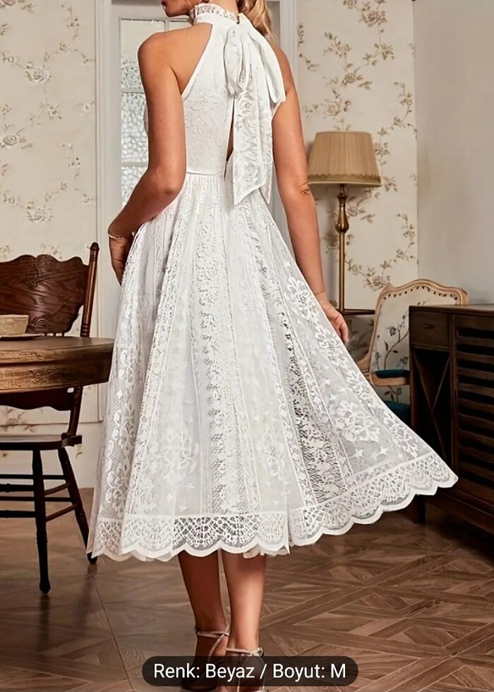 Dantel detaylı yüksek boyun elbise - Görsel 3