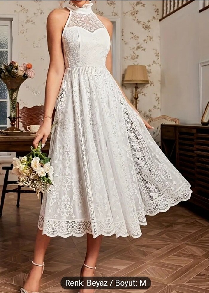 Dantel detaylı yüksek boyun elbise - Görsel 5