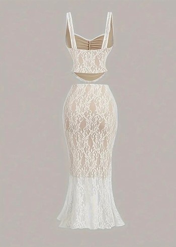 Sheinside Dantel Detaylı Beyaz Uzun Abiye Elbise