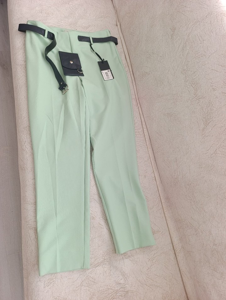 Yeşil Midi Kumaş Pantolon, Kemerli - Görsel 5