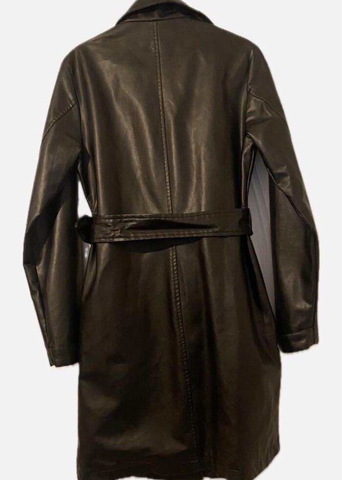 Deri uzun ceket kruvaze - Görsel 2