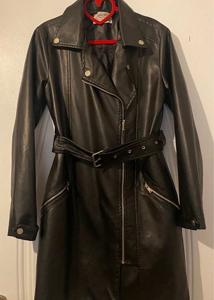 Deri uzun ceket kruvaze - Görsel 3