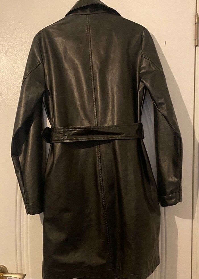 Deri uzun ceket kruvaze - Görsel 4