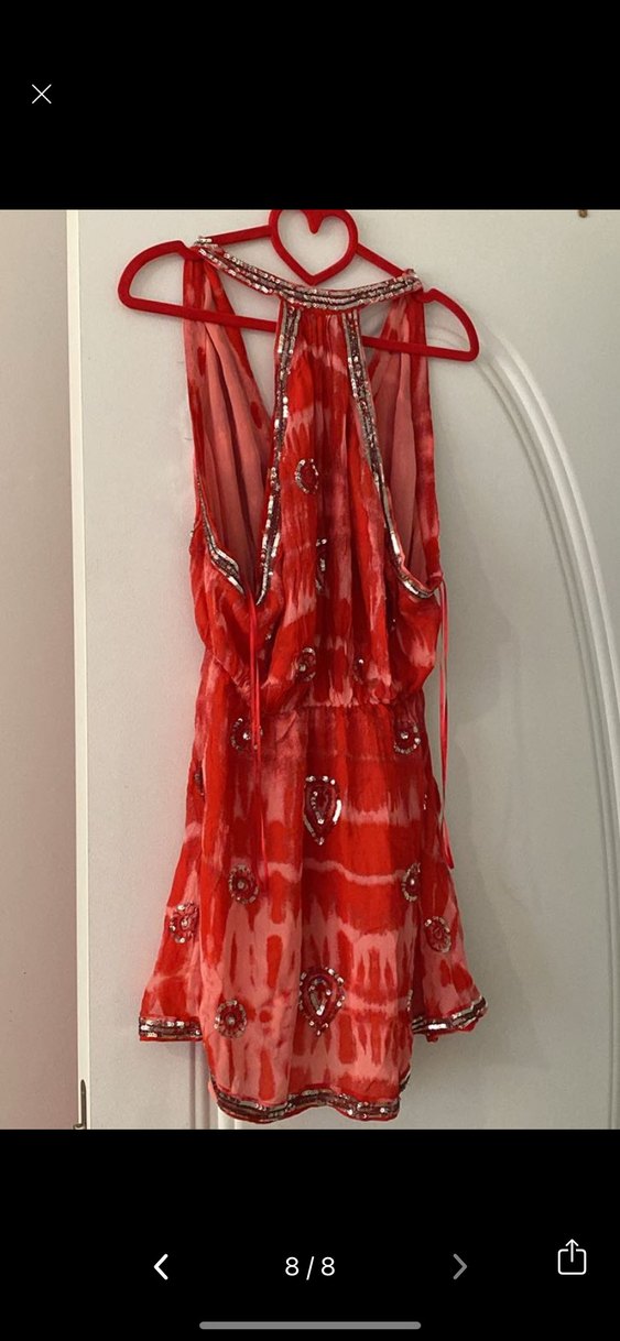 Kırmızı Boncuk İşlemeli V Yaka Mini Elbise - Görsel 5