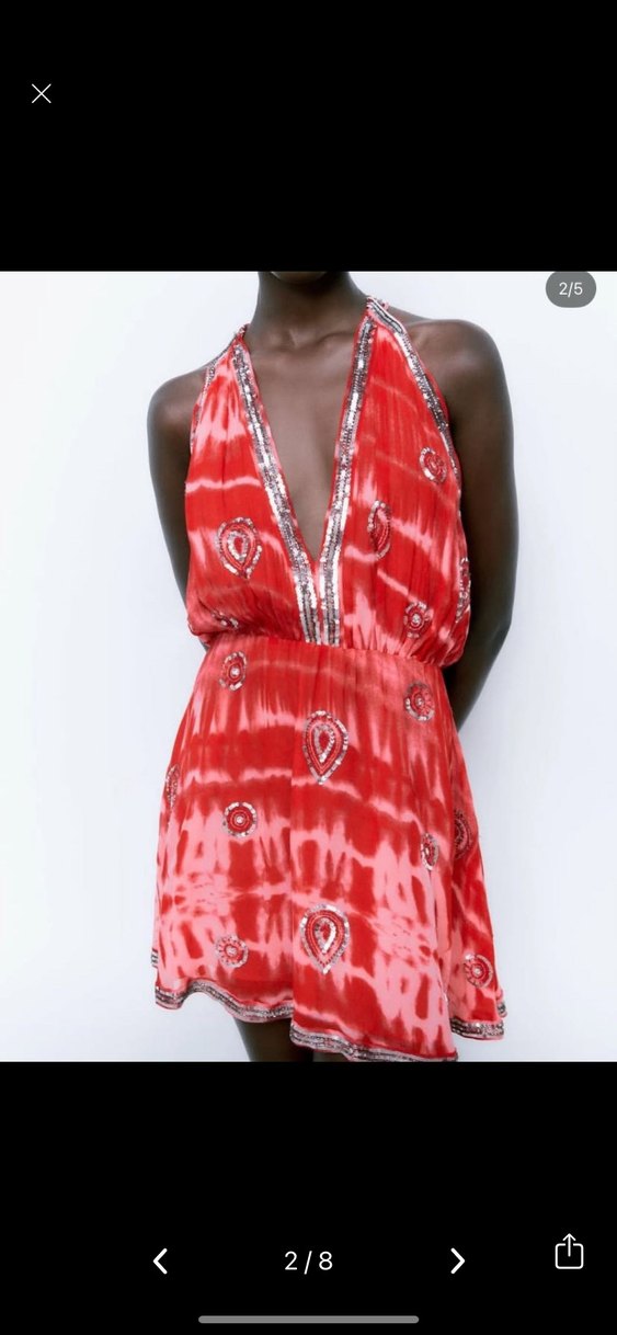 Kırmızı Boncuk İşlemeli V Yaka Mini Elbise - Görsel 2