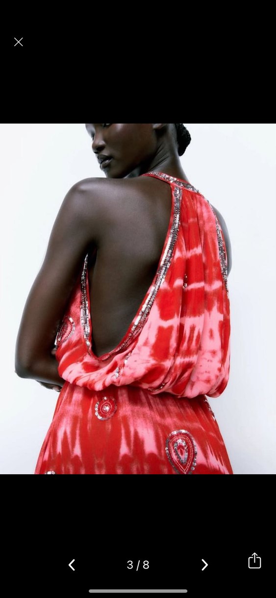 Kırmızı Boncuk İşlemeli V Yaka Mini Elbise - Görsel 3