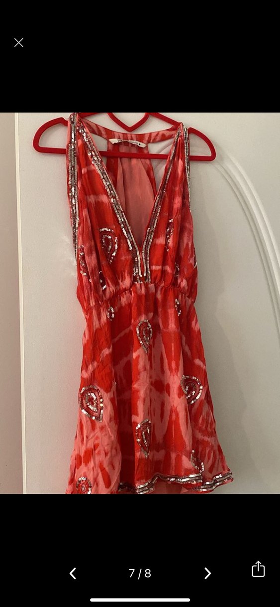 Kırmızı Boncuk İşlemeli V Yaka Mini Elbise - Görsel 4