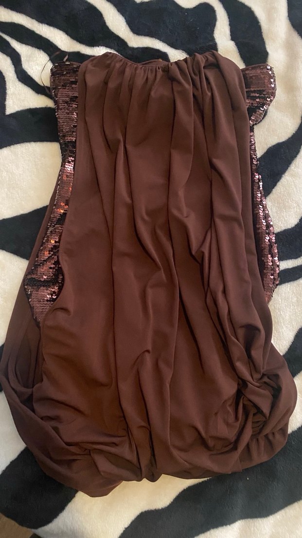 Kahverengi Drapeli Straplez Mini Elbise - Görsel 4