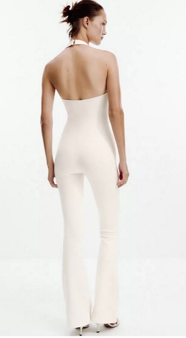 Beyaz V Yaka Kadın Uzun Tulum - Görsel 3