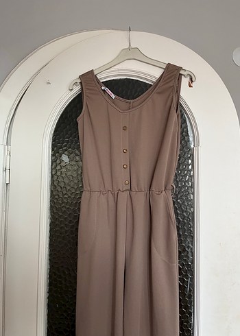 Düğmeli Bej Uzun Kadın Tulum - Görsel 2