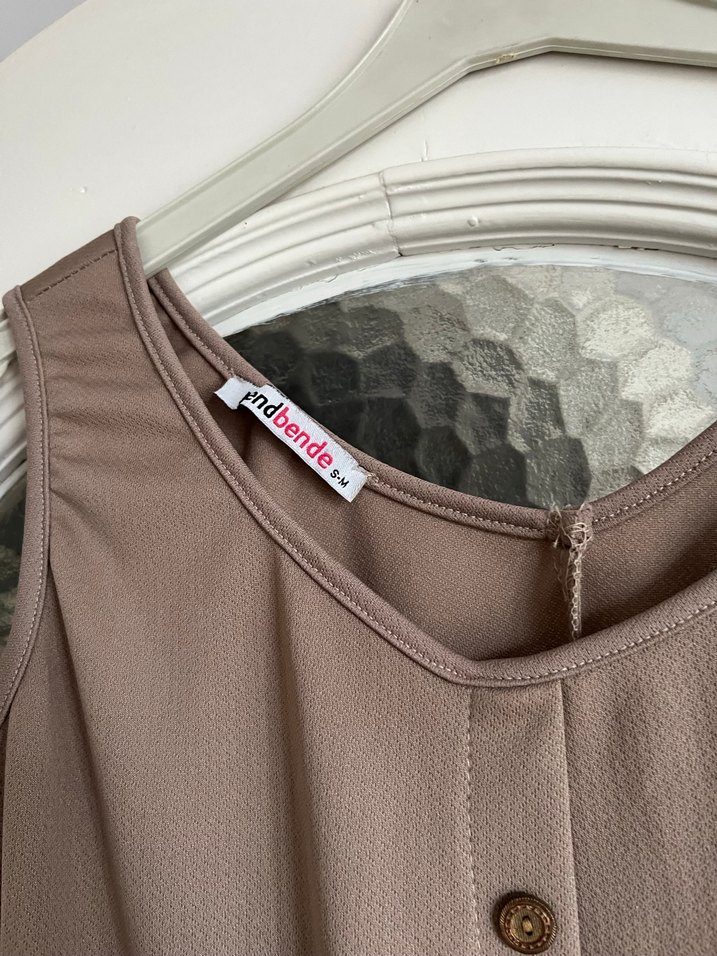 Düğmeli Bej Uzun Kadın Tulum - Görsel 4