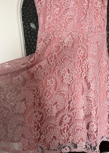 Dantel İşlemeli Pembe Midi Abiye Elbise - Görsel 2
