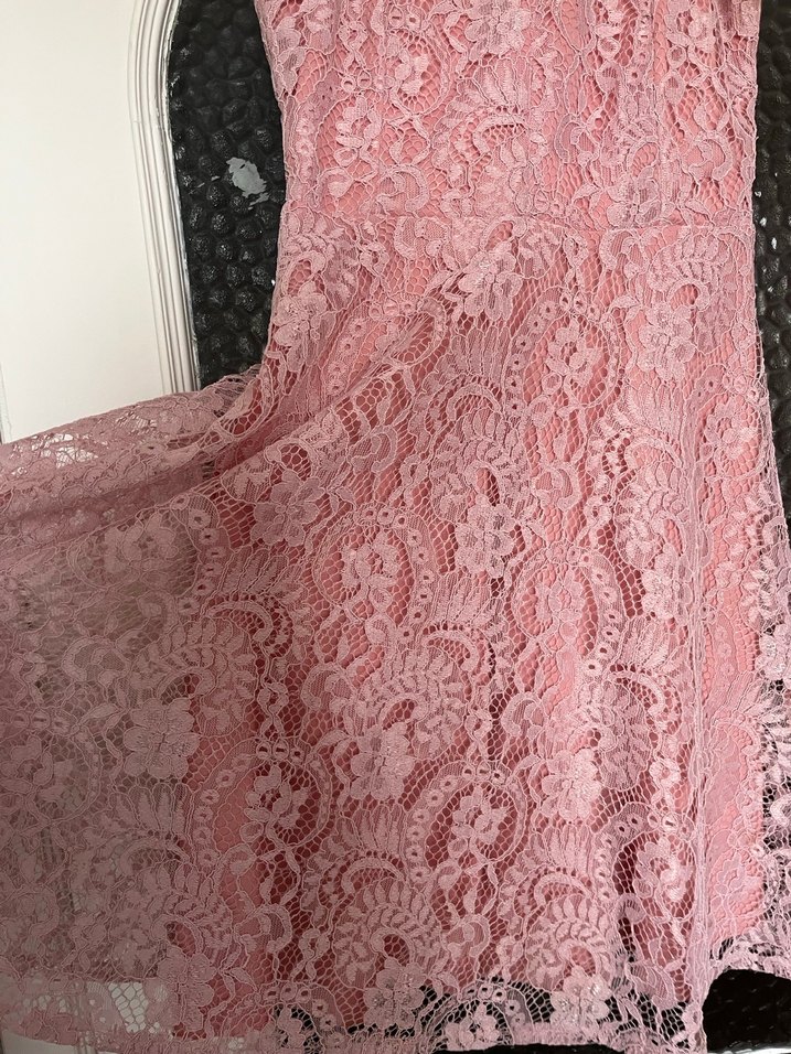 Dantel İşlemeli Pembe Midi Abiye Elbise - Görsel 2