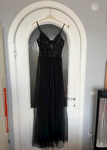 Siyah Payetli Straplez Drapeli Uzun Abiye Elbise - Görsel 4