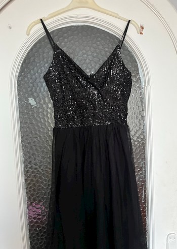 Siyah Payetli Straplez Drapeli Uzun Abiye Elbise - Görsel 2