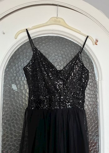 Siyah Payetli Straplez Drapeli Uzun Abiye Elbise - Görsel 5