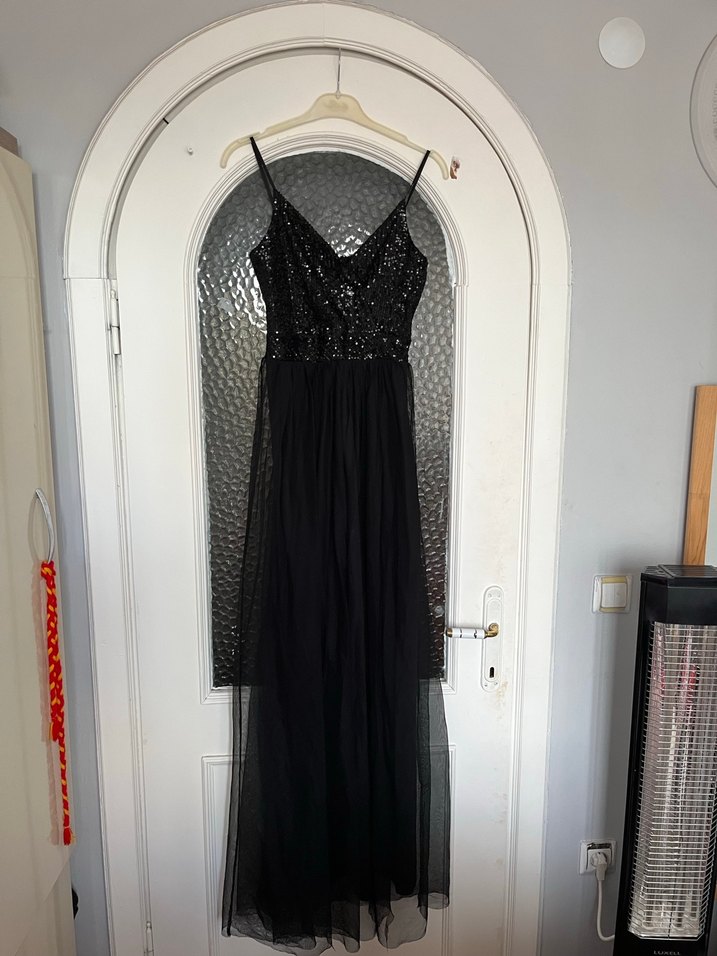 Siyah Payetli Straplez Drapeli Uzun Abiye Elbise - Görsel 4