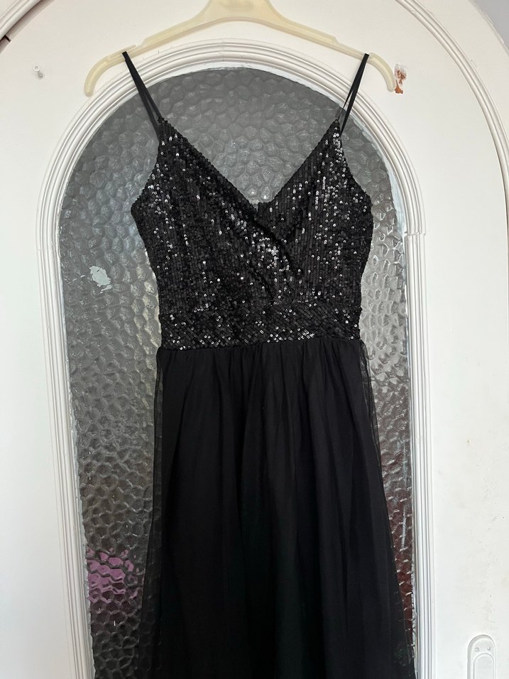 Siyah Payetli Straplez Drapeli Uzun Abiye Elbise - Görsel 2