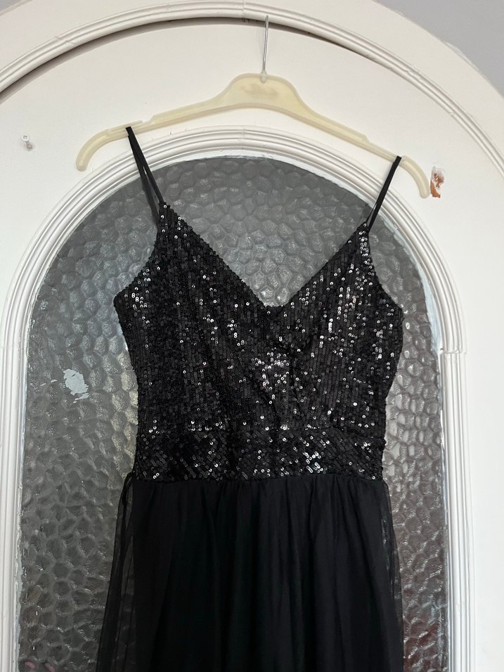 Siyah Payetli Straplez Drapeli Uzun Abiye Elbise - Görsel 5