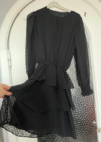Uzun Kollu Siyah Puantiyeli Kat Kat Elbise - Görsel 3