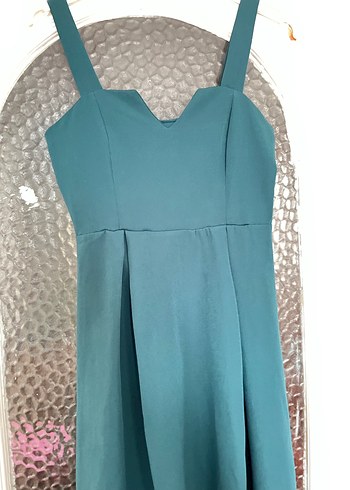 Turkuaz V Yaka Uzun Kadın Elbise - Görsel 2