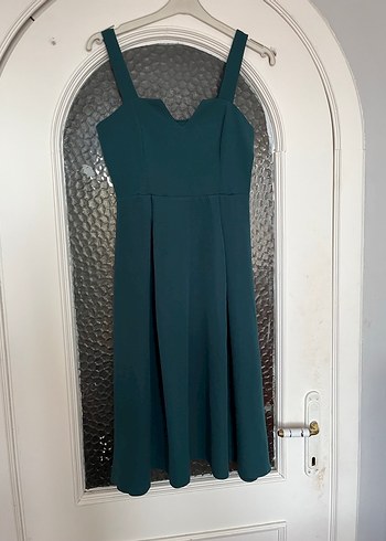 Turkuaz V Yaka Uzun Kadın Elbise - Görsel 5