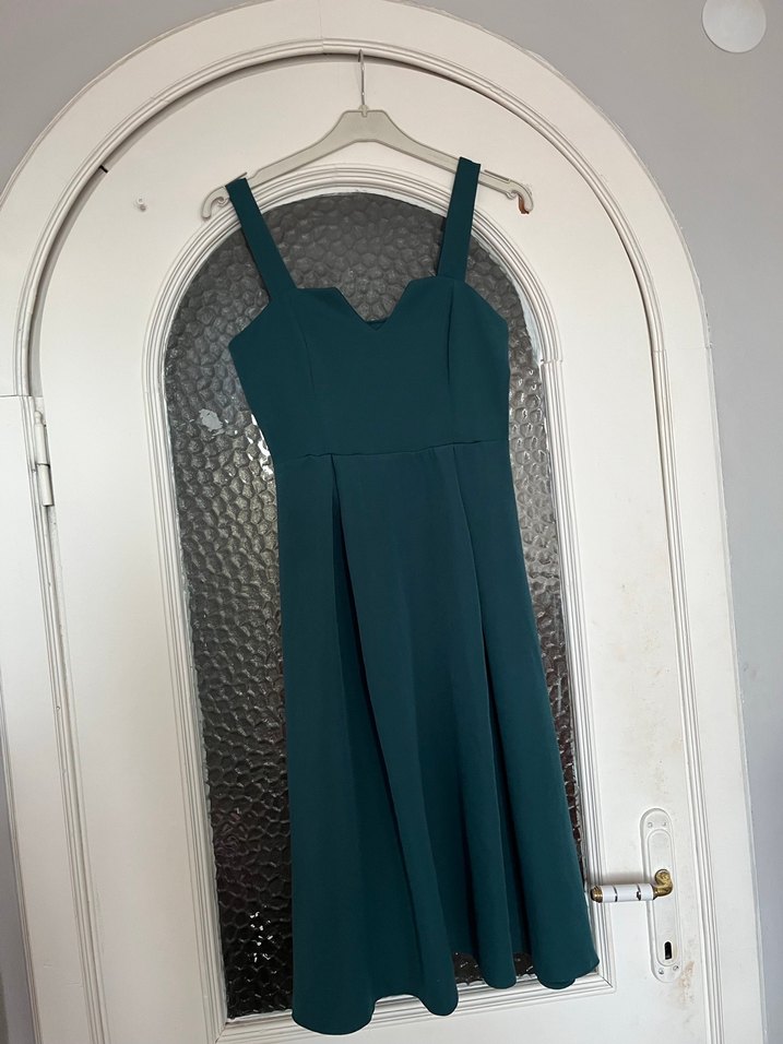 Turkuaz V Yaka Uzun Kadın Elbise - Görsel 3