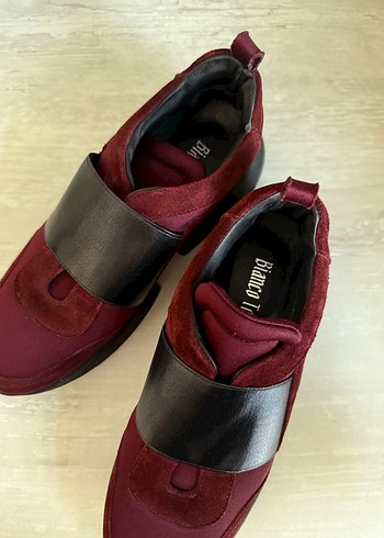 40 Beden bordo Renk Bordo Süet Kadın Sneaker, Cırt Cırtlı, Kalın Topuklu