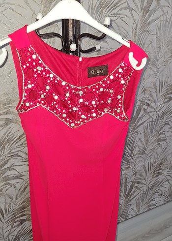 Pembe V Yaka Uzun Drapeli Kadın Abiye Elbise - Görsel 3