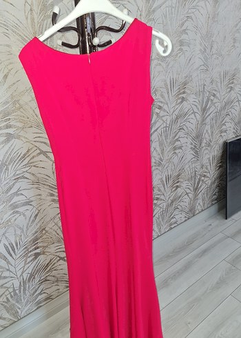 Pembe V Yaka Uzun Drapeli Kadın Abiye Elbise - Görsel 2