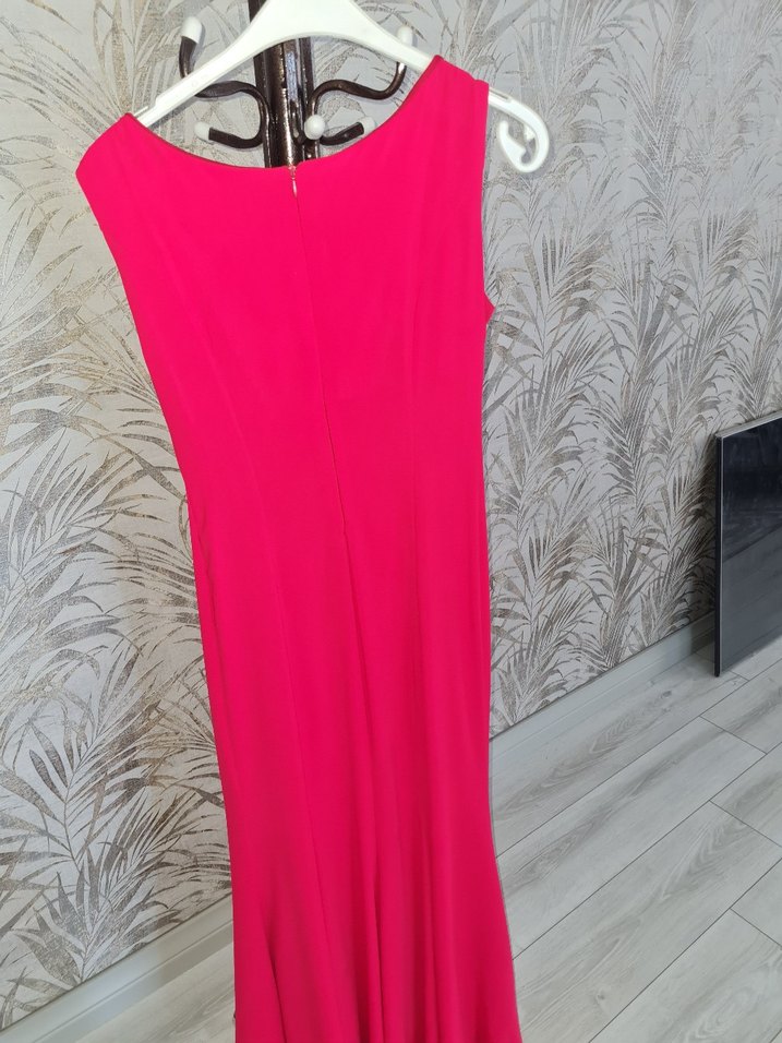 Pembe V Yaka Uzun Drapeli Kadın Abiye Elbise - Görsel 2