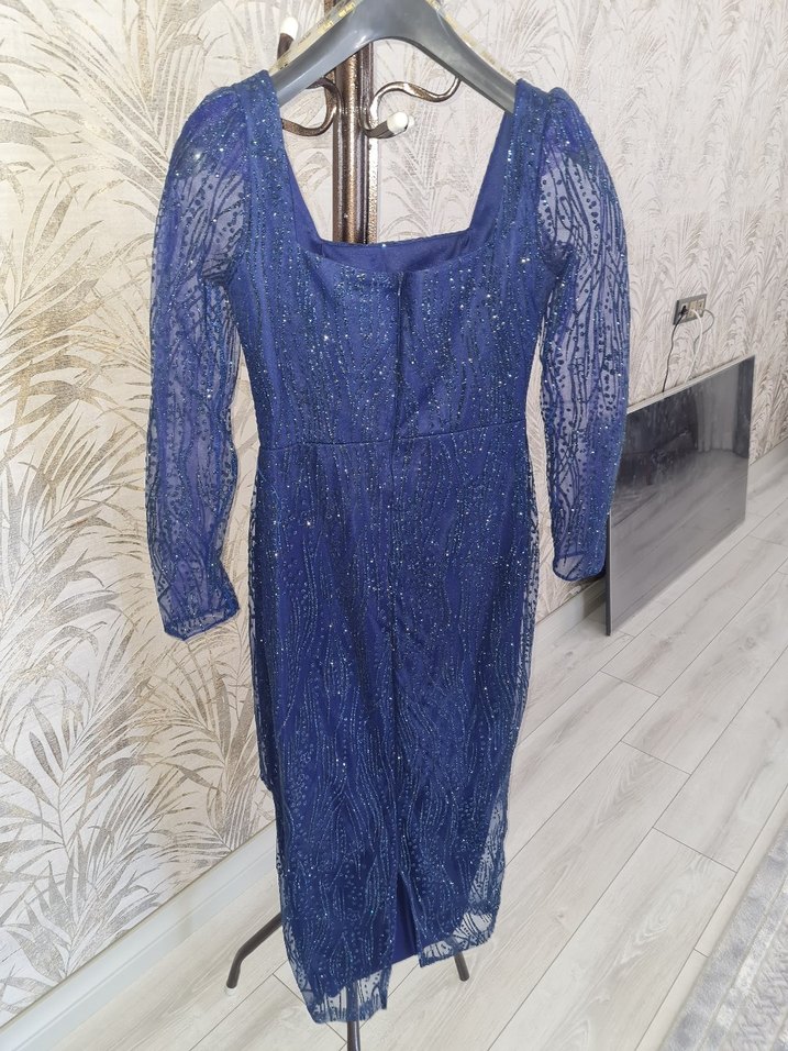 Dantelli Lacivert Uzun Kol Elbise - Görsel 3