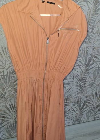 Bej, Fermuarlı, Kolsuz Uzun Elbise - Görsel 3