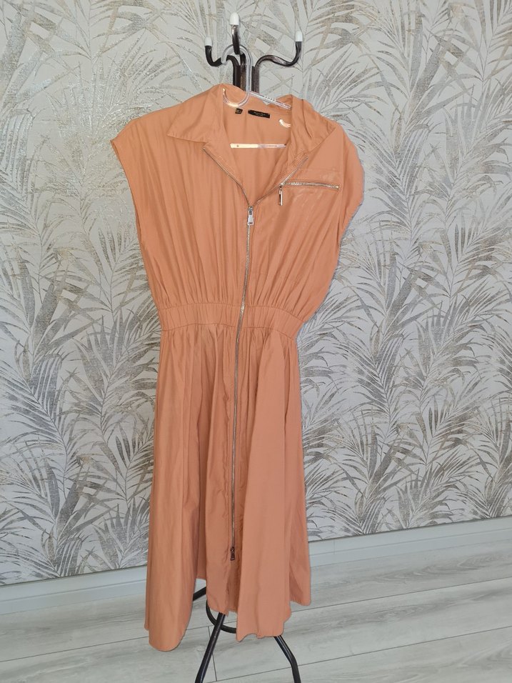 Bej, Fermuarlı, Kolsuz Uzun Elbise - Görsel 4