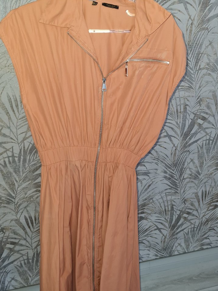 Bej, Fermuarlı, Kolsuz Uzun Elbise - Görsel 3