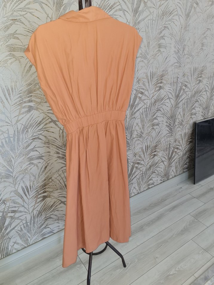 Bej, Fermuarlı, Kolsuz Uzun Elbise - Görsel 2