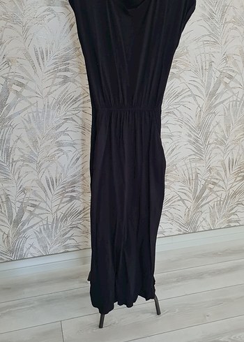 Siyah V Yakalı Keten Uzun Elbise - Görsel 2